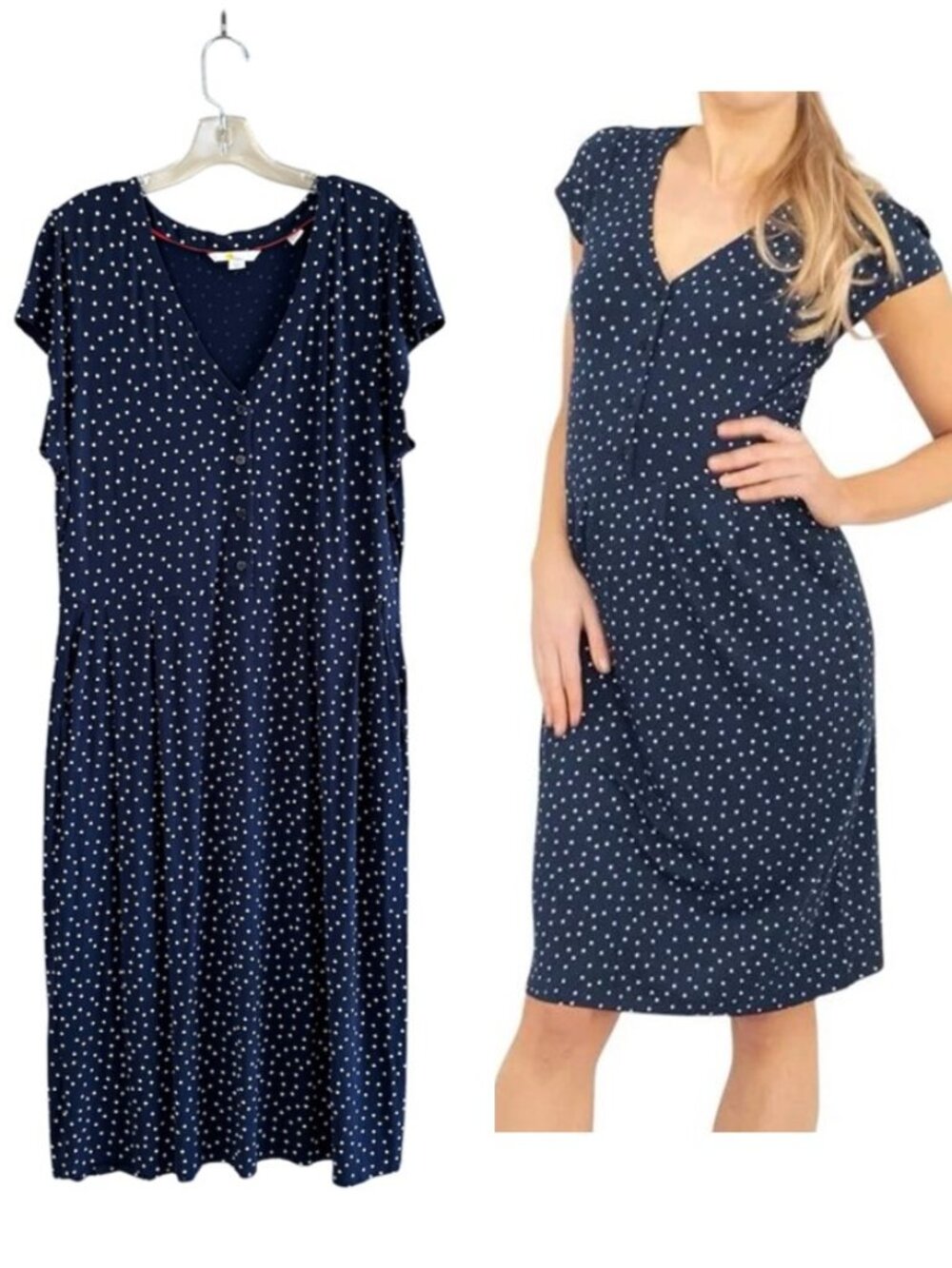 Boden Alberta Jersey Navy Polka Dot Dress, XL, Minimalist Timeless